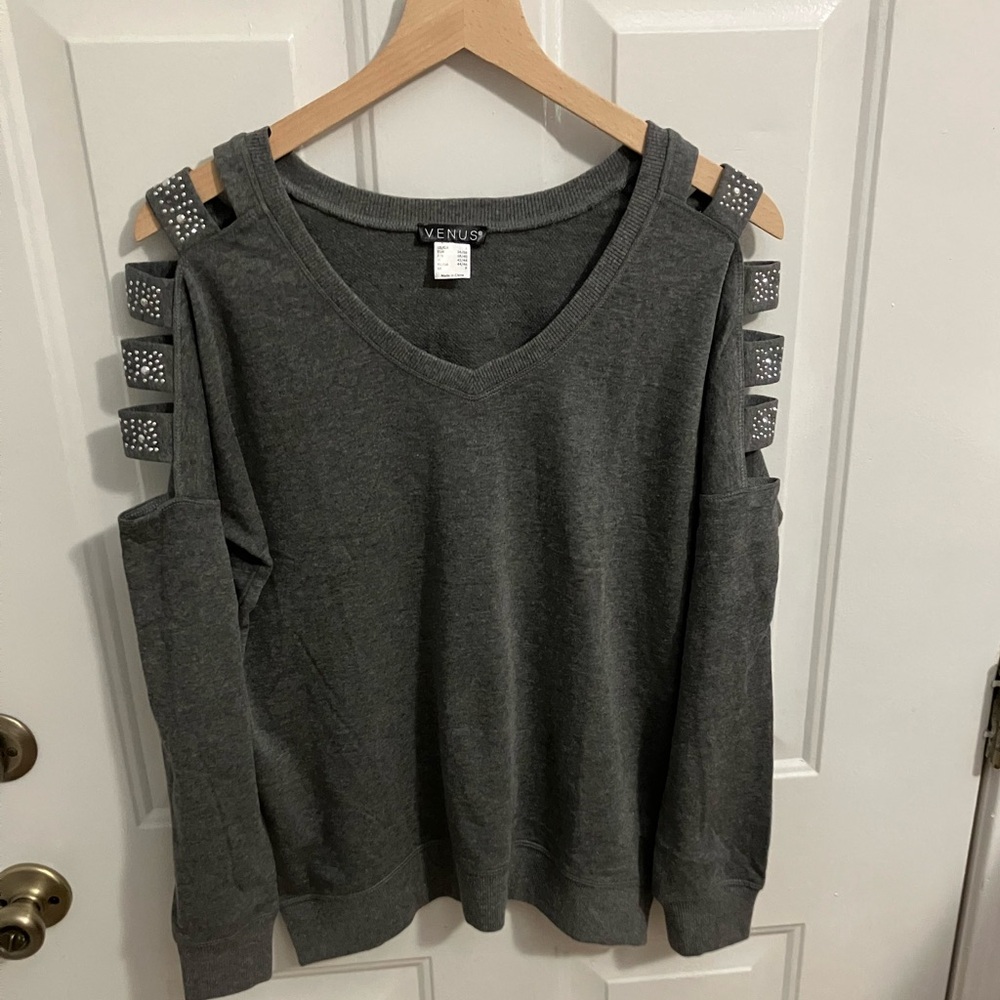 Venus cold shoulder sweater w/ rhinestone detail
